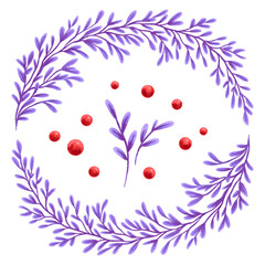 Obraz na płótnie Canvas Drawing a wreath of purple twigs and red berries
