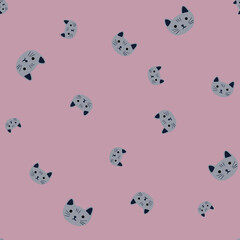 Kitty pattern seamless in freehand style. Head animals on colorful background. Vector illustration for textile.