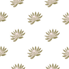 Seamless pattern with hand drawing lotus on white background. Vector floral template in doodle style. Gentle summer botanical texture.