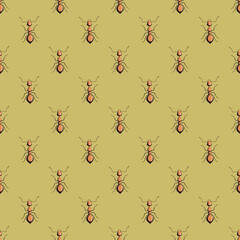 Seamless pattern colony ants on green background. Vector insects template in flat style for any purpose. Modern animals texture.