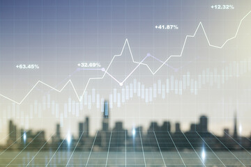 Multi exposure of virtual abstract financial diagram on blurry office buildings background, banking and accounting concept