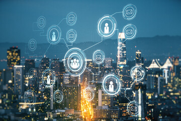 Abstract virtual social network concept on San Francisco skyline background. Multiexposure