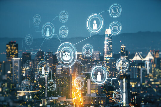 Abstract virtual social network concept on San Francisco skyline background. Multiexposure