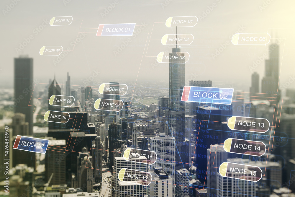 Poster multi exposure of abstract programming language hologram on chicago office buildings background, art