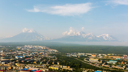 View of the city Petropavlovsk-Kamchatsky on background of volcanoes. Russian Far East, Kamchatka Peninsula, Russia