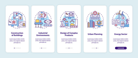 Digital twin use cases onboarding mobile app screen. Construction walkthrough 5 steps graphic instructions pages with linear concepts. UI, UX, GUI template. Myriad Pro-Bold, Regular fonts used