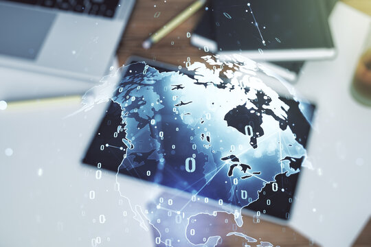 Double exposure of abstract programming language hologram with world map and digital tablet on background, top view, research and development concept