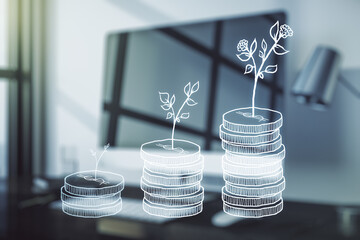 Creative concept of cash savings on modern laptop background. Retirement savings and capital...