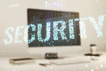 Cyber security creative concept on modern laptop background. Double exposure