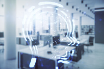 Abstract virtual artificial Intelligence concept with human head sketch on a modern furnished classroom background. Double exposure