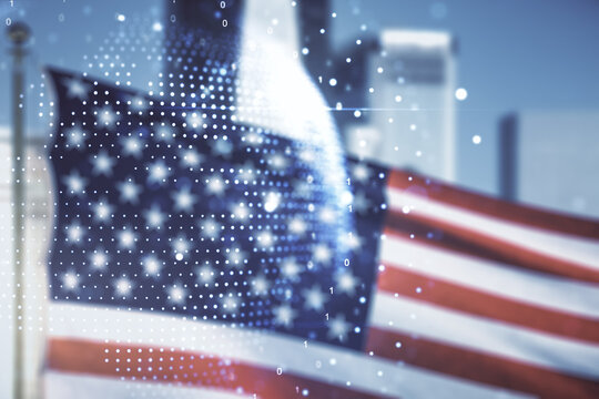 Multi exposure of abstract creative digital world map hologram on USA flag and blurry skyscrapers background, research and analytics concept - Powered by Adobe