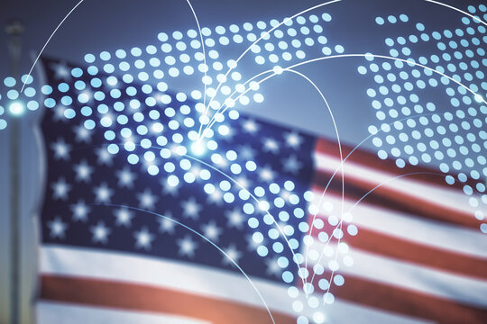 Abstract virtual world map with connections on USA flag and sunset sky background, international trading concept. Multiexposure