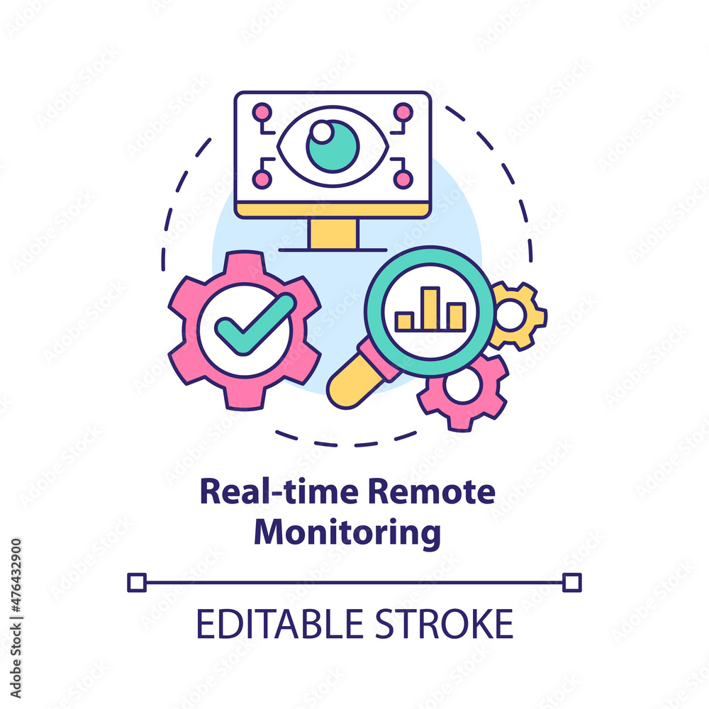Poster Real time remote monitoring concept icon. Controlling systems remotely abstract idea thin line illustration. Isolated outline drawing. Editable stroke. Roboto-Medium, Myriad Pro-Bold fonts used