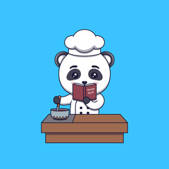 Cute panda chef cooking while looking at the recipe book