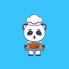 Cute panda chef holding a tray of roast chicken