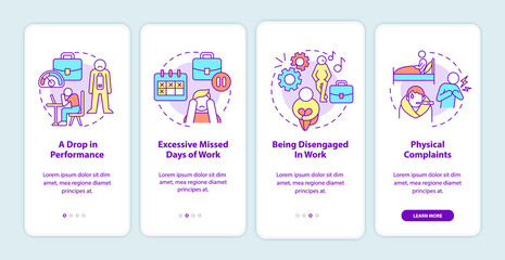Fototapeta na wymiar Workplace anxiety reasons onboarding mobile app screen. Mental disorder walkthrough 4 steps graphic instructions pages with linear concepts. UI, UX, GUI template. Myriad Pro-Bold, Regular fonts used