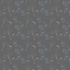 Pattern with house tree stump winter birch dark