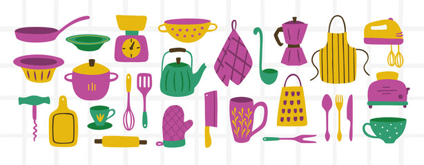 Big and cute kitchen set. Hand drawn dishes and utensils in cartoon style. Vector flat hand drawn collection