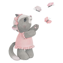 Baby Grey cartoon cat in Pink dress catches butterfly. Watercolor illustration for posters, postcards etc. 