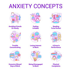 Anxiety concept icons set. Natural reaction on stress. Mental health problem idea thin line color illustrations. Isolated outline drawings. Roboto-Medium, Myriad Pro-Bold fonts used