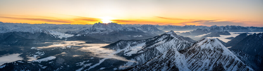 Fototapeta na wymiar Snow-covered alpine peaks in the sunset, Hohe Tauern on the horizon, Austrian and German border area
