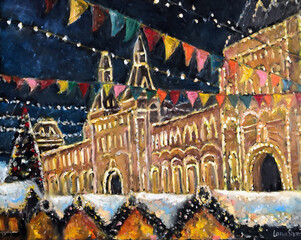 Beautiful view on Christmas market on Red square at Moscow. Evening colorful oil painting. Hand drawn festive picture