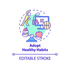 Adopt healthy habits concept icon. Overcome anxiety symptoms at work abstract idea thin line illustration. Isolated outline drawing. Editable stroke. Roboto-Medium, Myriad Pro-Bold fonts used
