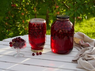 cherry compote drink on garden background