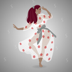 A beautiful girl in a dress with polka dots is dancing. Retro style. Vector illustration