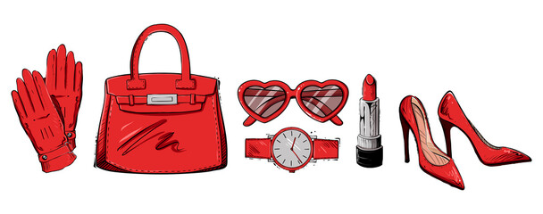 Set of women accessories, color vector illustration