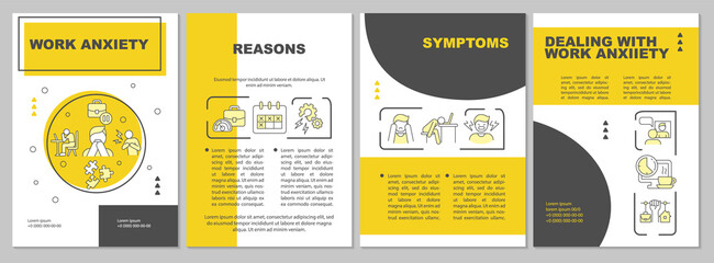 Naklejka premium Work anxiety yellow brochure template. Emotional disorder issues. Booklet print design with linear icons. Vector layouts for presentation, annual reports, ads. Arial, Myriad Pro-Regular fonts used