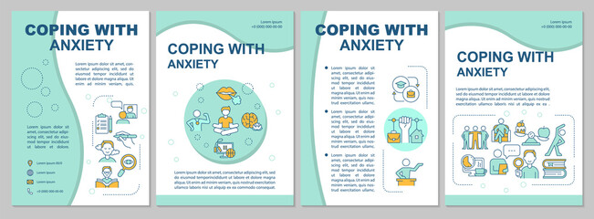Coping with anxiety disorder mint brochure template. Healthy life. Booklet print design with linear icons. Vector layouts for presentation, annual reports, ads. Arial, Myriad Pro-Regular fonts used - obrazy, fototapety, plakaty