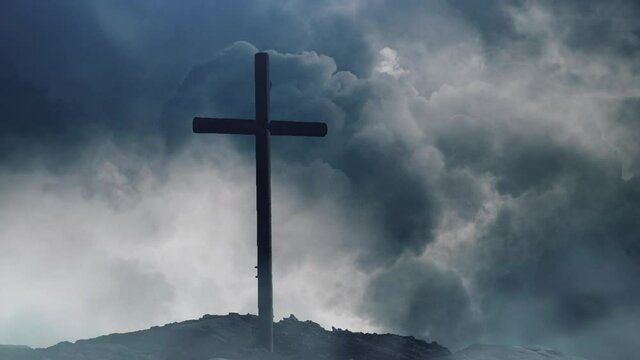 cross on the background of dark clouds and flashing lightning, thunderstorm