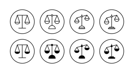 Scales icons set. Law scale icon. Justice sign and symbol