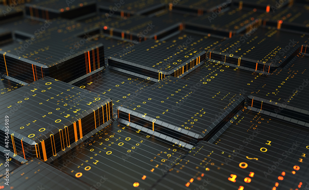 Leinwandbilder Big data analytics and storage. Digital code, information flow. Data encryption, blockchain 3d network illustration