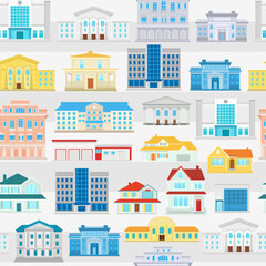 Seamless vector pattern with city buildings on a gray background