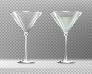 3d realistic vector icon. Set of two glassses with martini. Empty and full. Isolated on transparent background.