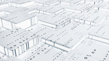 Big data analytics and storage. Digital code, information flow. Data encryption, blockchain 3d network illustration