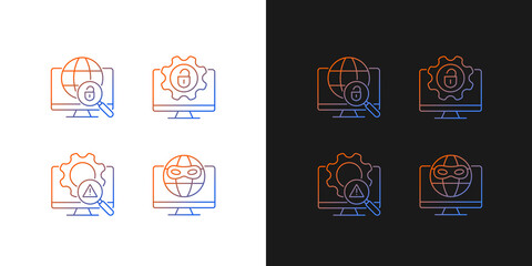 Illegal activities detection gradient icons set for dark and light mode. Malicious software. Thin line contour symbols bundle. Isolated vector outline illustrations collection on black and white