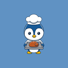 Cute penguin chef holding a tray of roast chicken