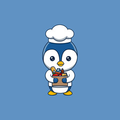 Cute penguin chef holding cardboard box full food