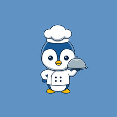Cute penguin chef holding restaurant cloche