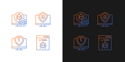 Computer vulnerability exploitation gradient icons set for dark and light mode. Hacker attacks. Thin line contour symbols bundle. Isolated vector outline illustrations collection on black and white