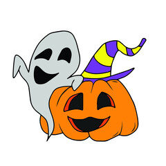 Vector children's design for backgrounds and fabrics, postcards.Funny Halloween party,pumpkin, ghost,skull,broom,bat,voodoo doll,Cauldron,witch hat