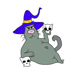 Vector children's design for backgrounds and fabrics, postcards.Funny Halloween party,pumpkin, ghost,skull,broom,bat,voodoo doll,Cauldron,witch hat