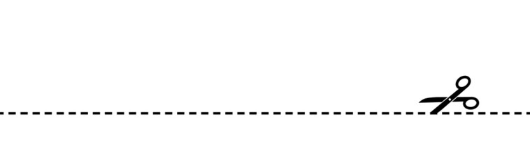 Scissors for hand cutting package. Scissor cut dot line. Open here packaging. Black shear mark isolated on white background. Opening element for design dash border. Dotted separation for paper. Vector