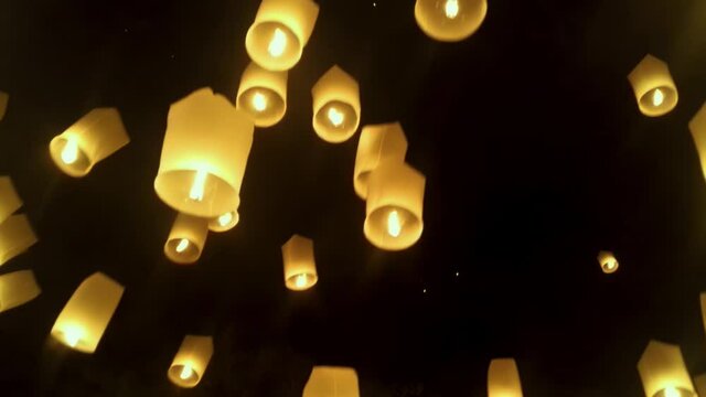 Loy Krathong and Yee Peng Festival (Yi Peng), floating fire paper lantern at Chiang Mai, Thailand