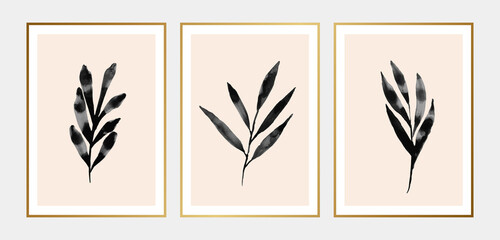Contemporary botanical poster set. Black watercolor leaves isolated