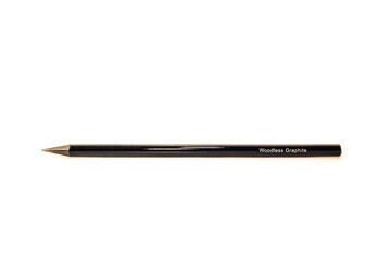 Black graphite pencil without wood (woodless) with gray tip and white background in horizontal...