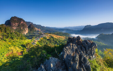 Ban Cha Bo, Landscape sea of mist  in morning on high mountain at Mae Hong Son  province Thailand.